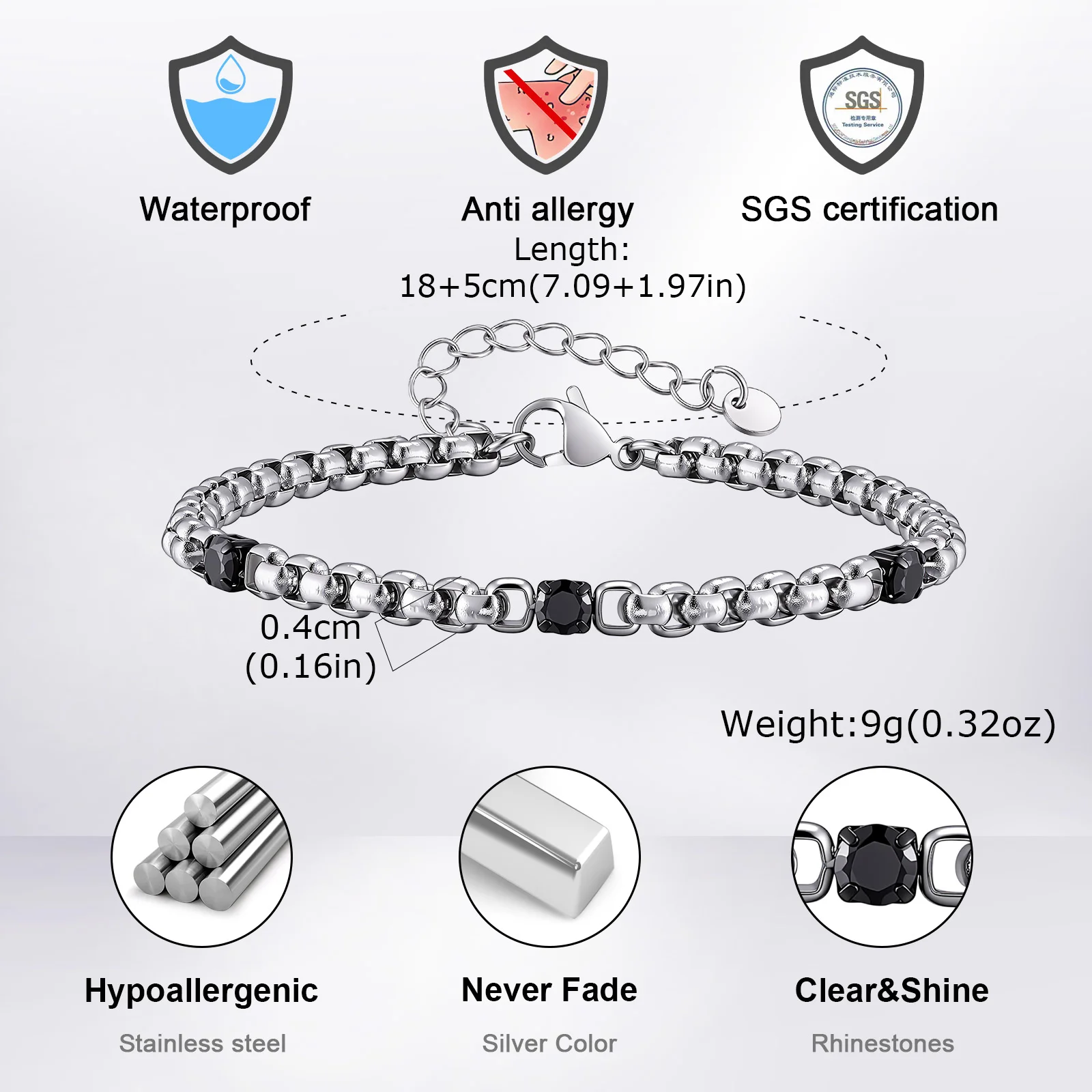 Trendiges schwarzes Steinarmband für Männer, verstellbares Edelstahl-Kastenkettenarmband, Hip-Hop-Schmuck, einfaches Geburtstagsgeschenk. – Detail 3