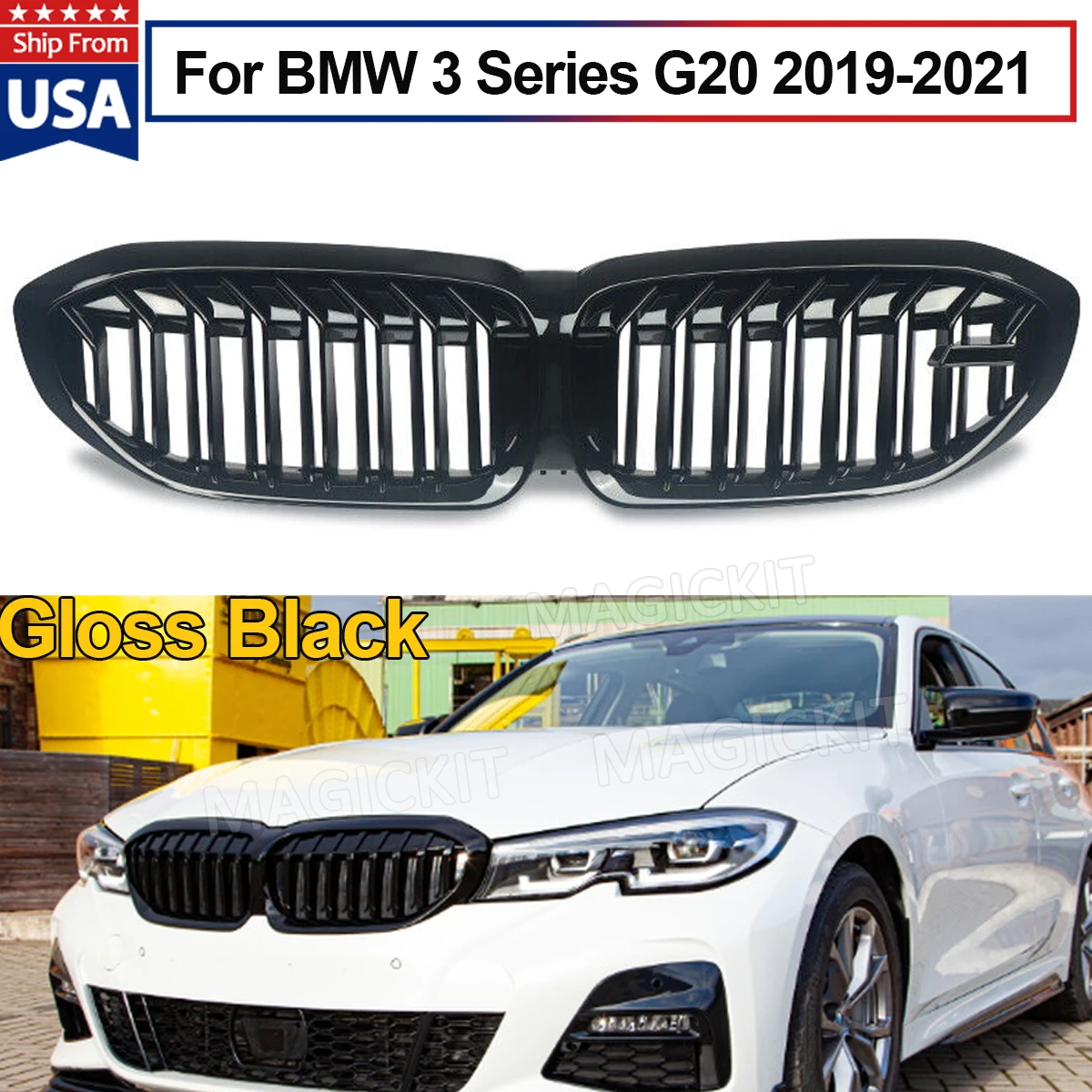 

MagicKit For BMW 3 Series G20 Saloon 2019-2021 M5 Style Kidney Grille Grill Glossy Black Double Slats Left / Right accessories