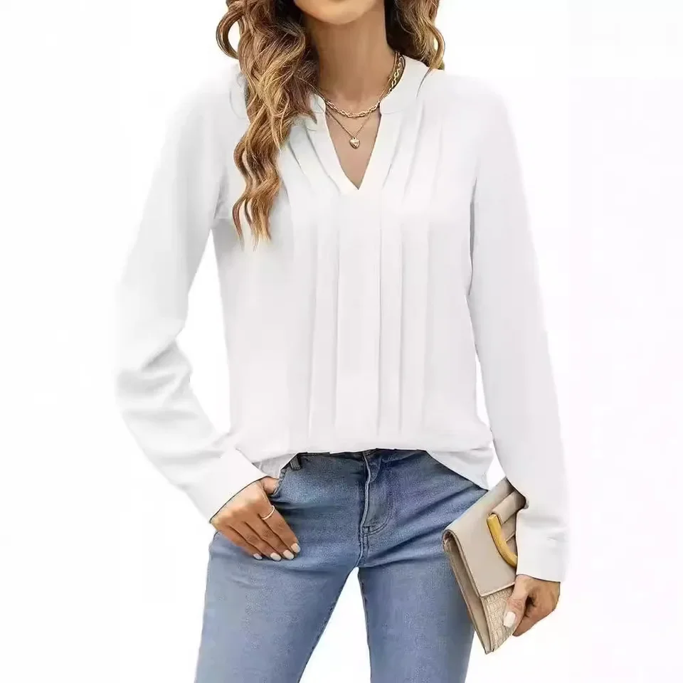 New Women's Dressy Casual Blouses Business Work Tops Long Sleeve V Neck Pleated Shirts 2024 Fall Outfits Fashion Loose T-Shirts