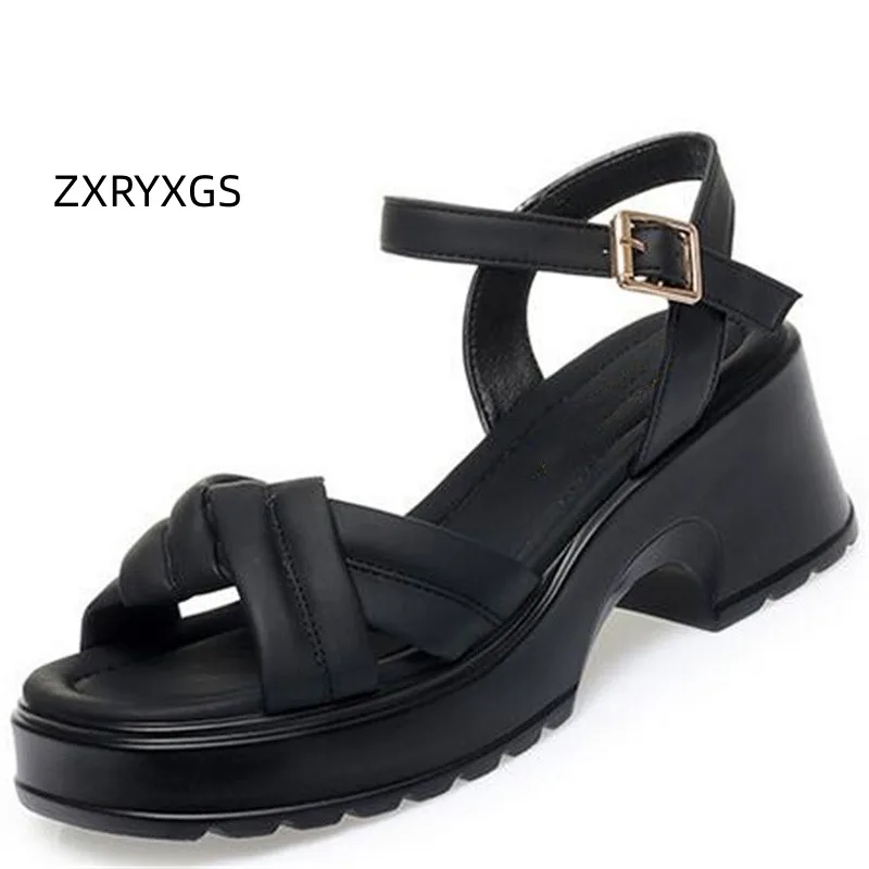 

ZXRYXGS 2023 Premium Soft Microfiber Leather Summer Roman Sandals Elegant Comfort Platform Thick Heeled Sandals for Women New