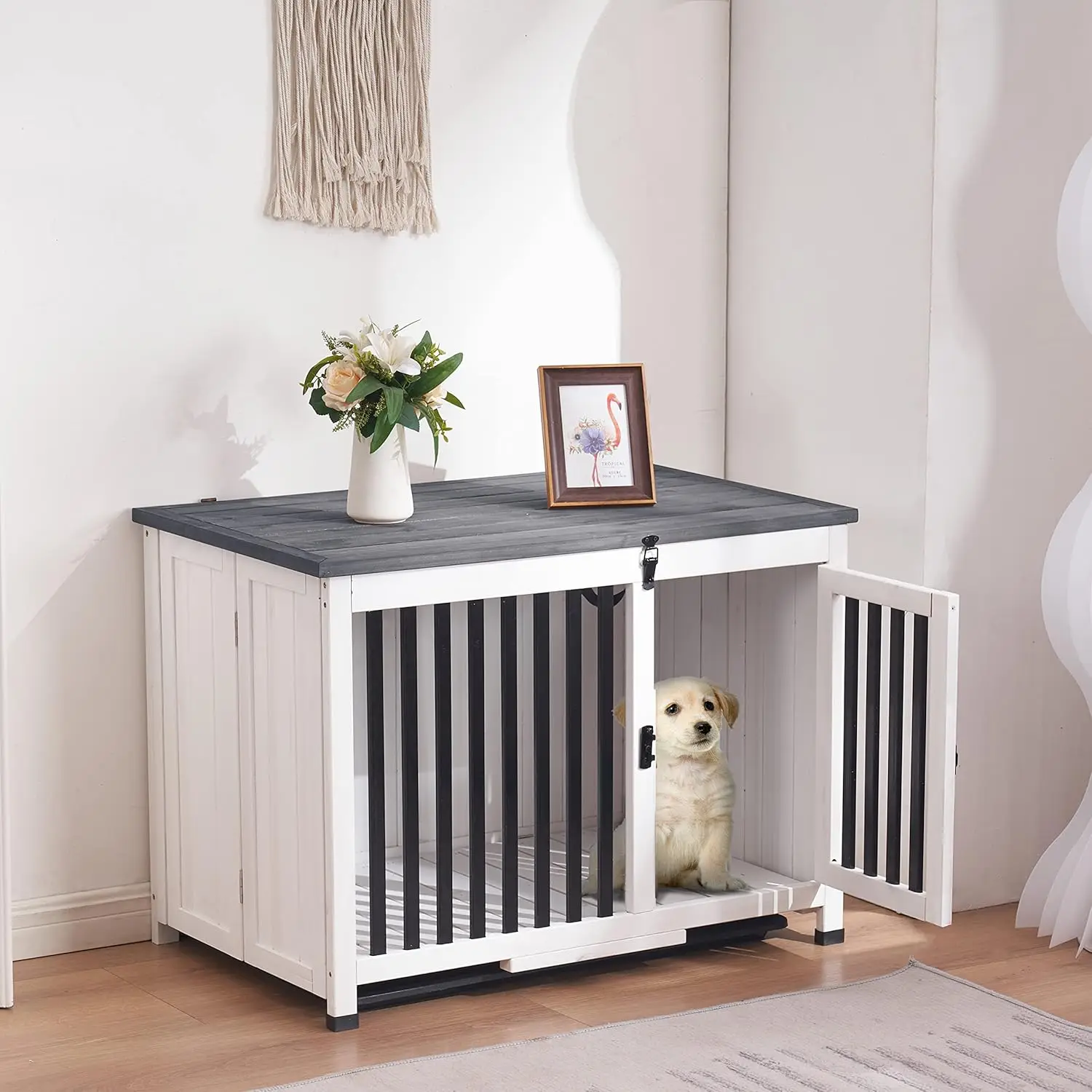 Muebles de madera para perros, mesa auxiliar plegable portátil para perros, jaula interior de madera maciza con bandeja (mediana, blanca y gris)