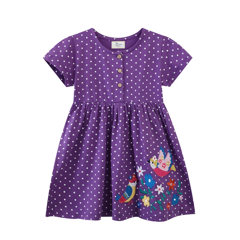 

Jumping Meters 2-7T Summer Girls Dresses Birds Embroidery Short Sleeve Dots Party Children's Clothes Toddler Frocks Costume