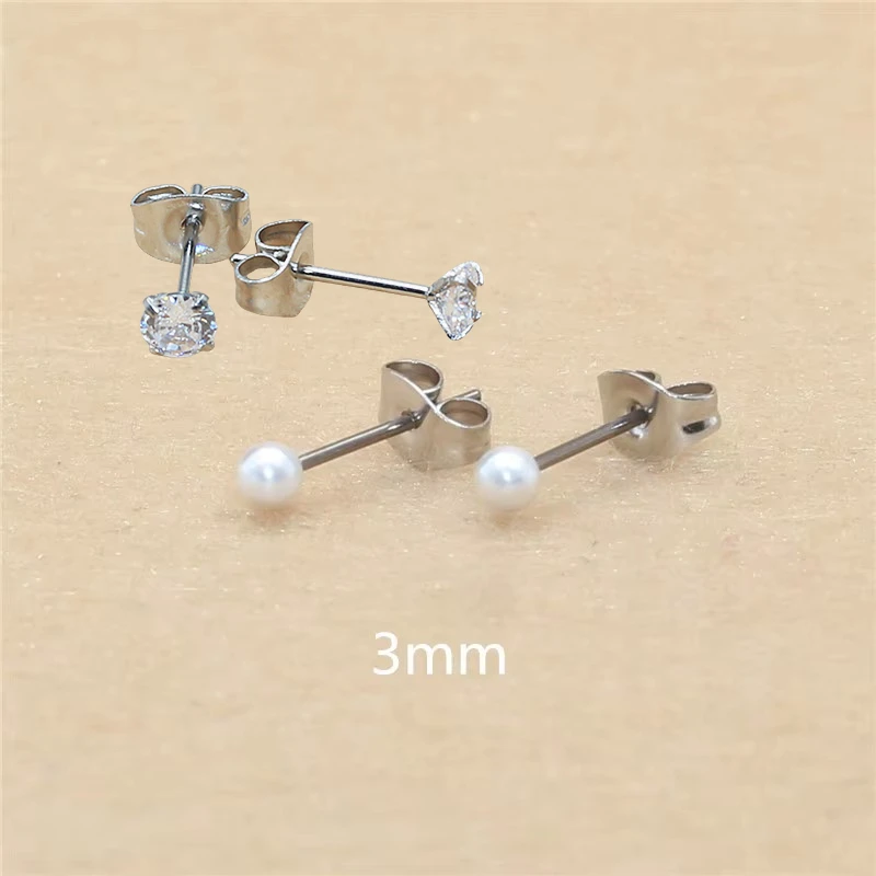 Brief Style Stainless Steel 0.8mm Thin Post Hypoallergenic With ABS Imitation Beads Stud Earrings 3mm 8mm No Fade Allergy Free