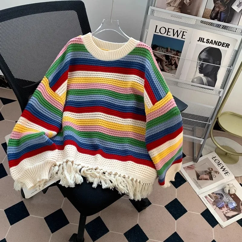 Rainbow Striped Fringe Sweater O-neck Long Sleeved Loose Knit Sweater Autumn Winter New Fashionable Good-looking Women's Top