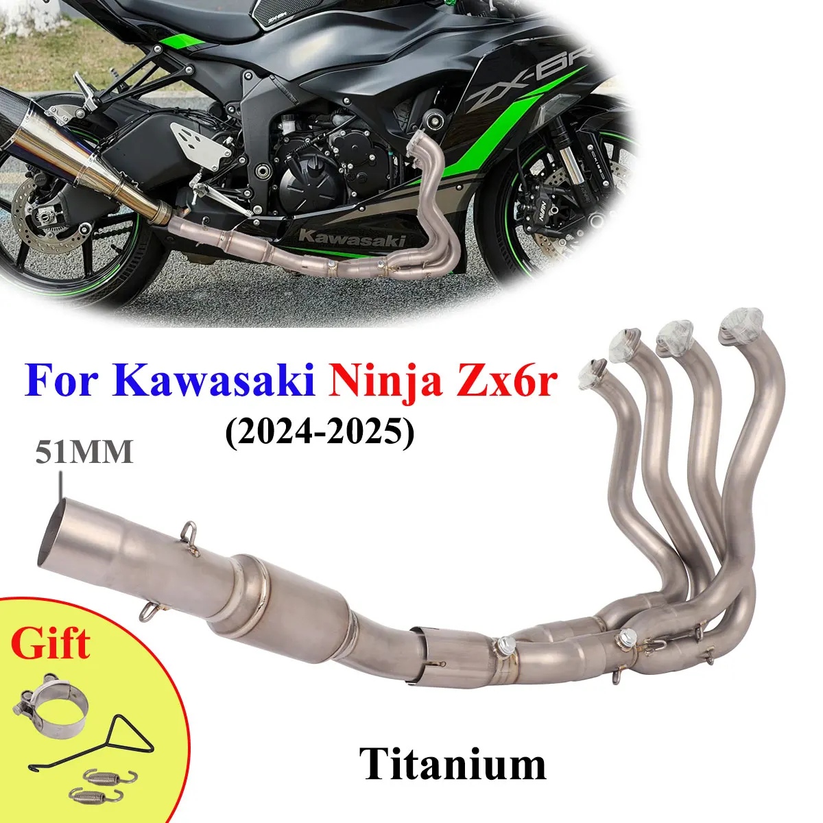 Titan-Slip-On-Auspuff für Kawasaki Ninja ZX6R 2024-2026 Motorrad Auspuffanlage Vorderes Verbindungsrohr 51MM Schalldämpfer