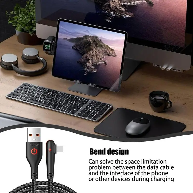 Câble USB Type-C Tressé à Angle Droit, Charge Rapide 120W, Résistant 90, Référence à la Description