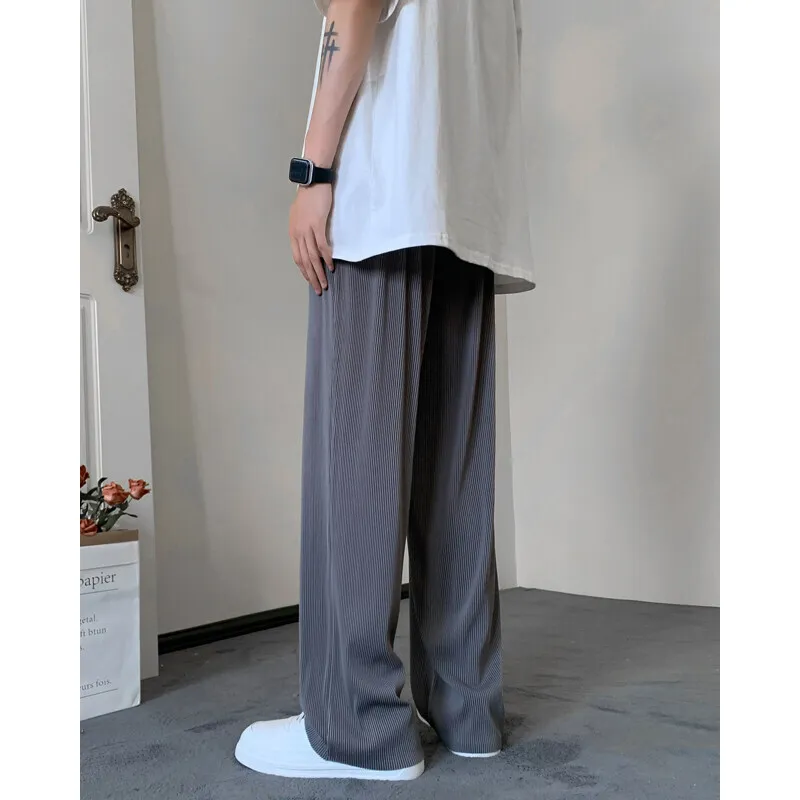 Summer Casual Pants Men Gray Black Wide Leg Pants Men Japanese Streetwear Loose Ice Silk Pants Mens Trousers Large Size 4XL