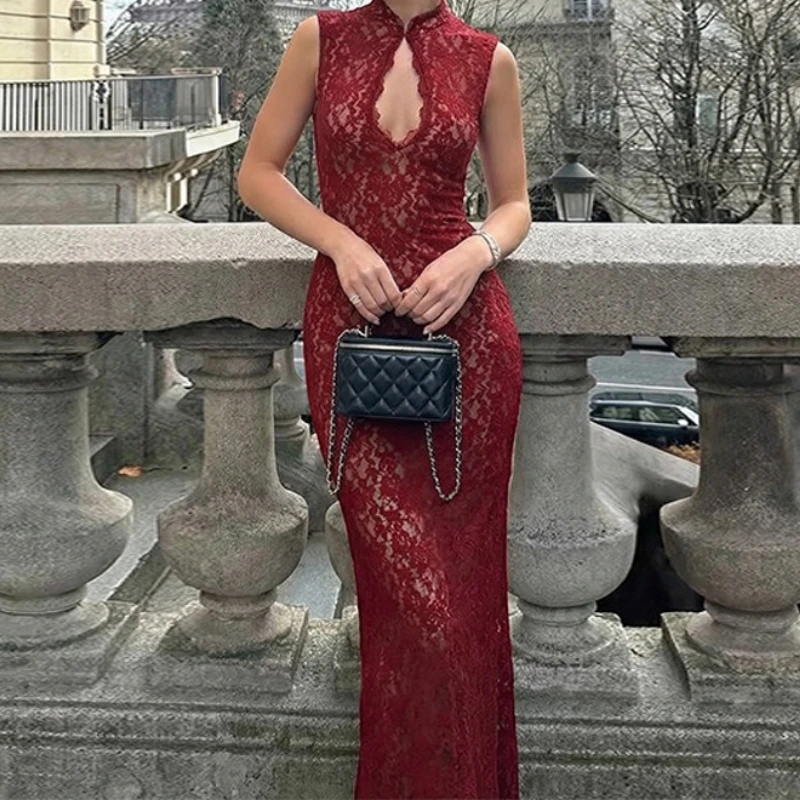 

Hollow Lace Sleeveless Dress 2026 New Sexy Slim Fit Hip-hugging Slit Skirt