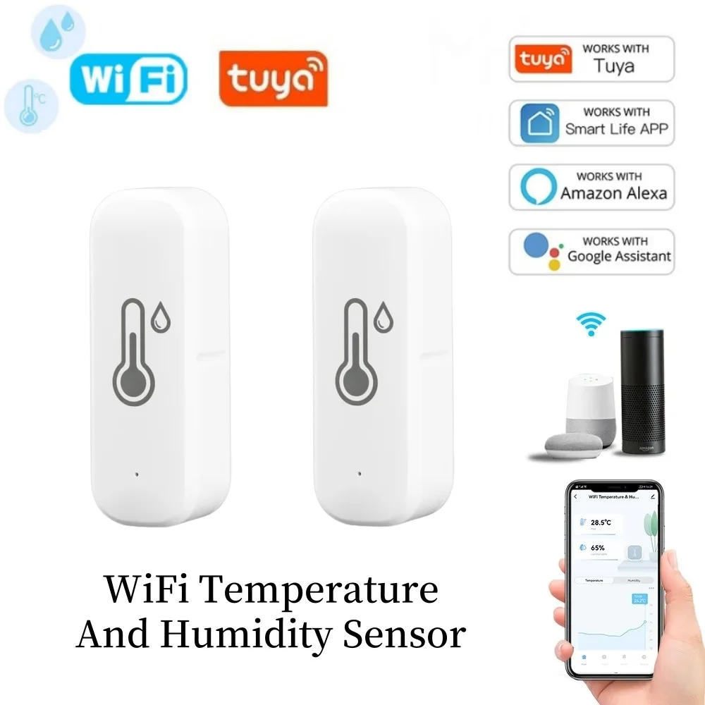 Sensor de temperatura y humedad WiFi Tuya, termómetro de monitoreo de bebé interior de automatización del hogar de seguridad de 2 piezas, funciona con Alexa G