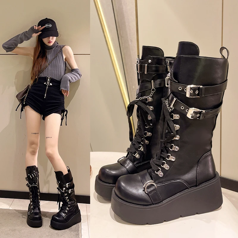 Brand New Ladies Goth Platform Boots Fashion Black Buckle Punk Wedges High Heels Women\'s Boots Party Street Cosplay Woman Shoes