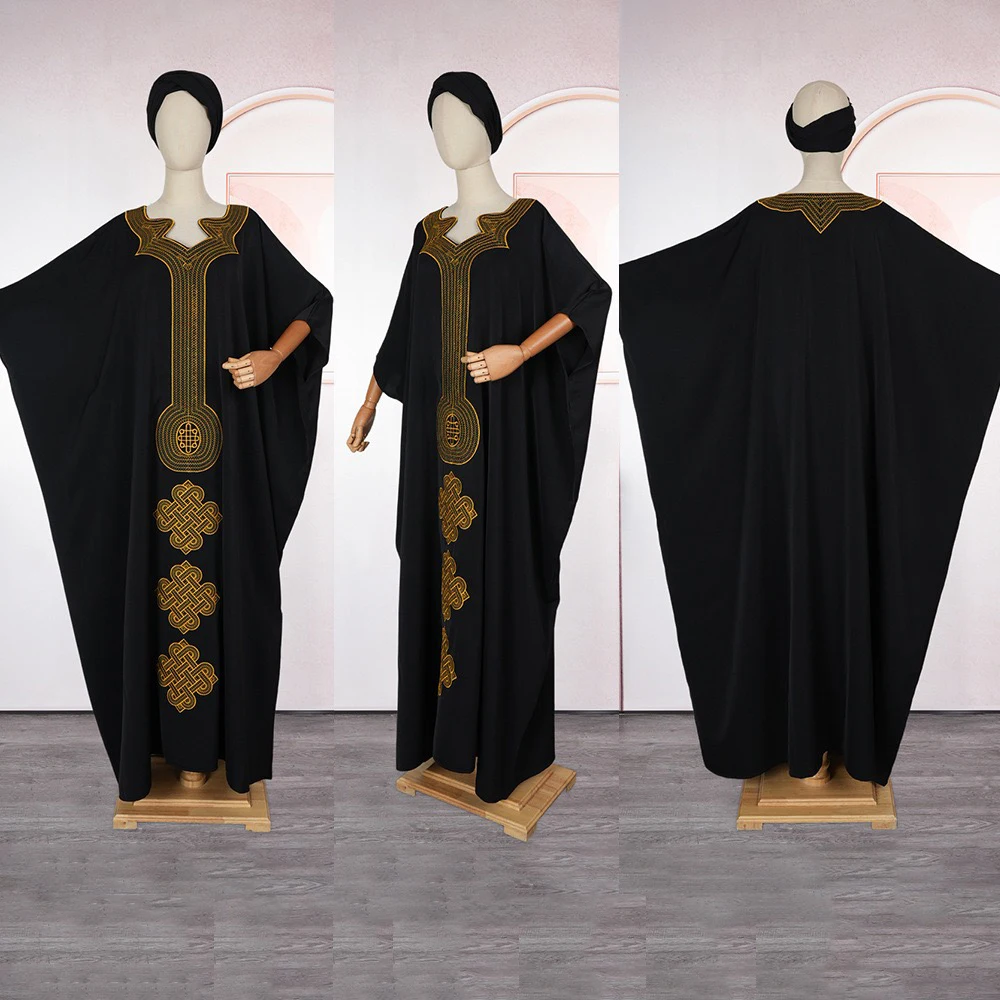 Elegant African Dresses for Women 2025 New V Neck Batwing Sleeve Embroidery Loose Ankle Length Femme Dashiki Abayas Ankara Cloth