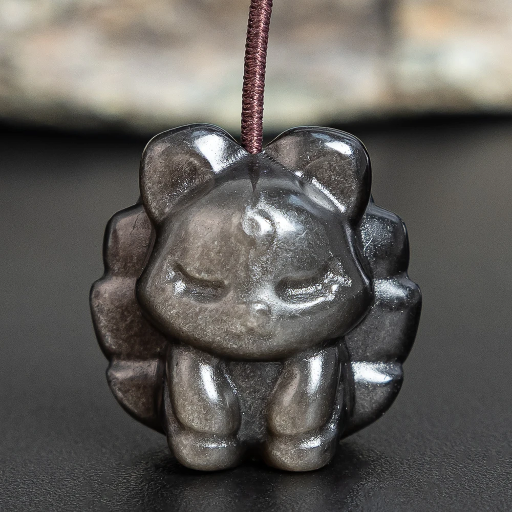 

Genuine Natural Silver Obsidian Carved Nine-Tailed Fox Pendant for Jewelry Making Bracelet DIY Accessories 18x18x12mm