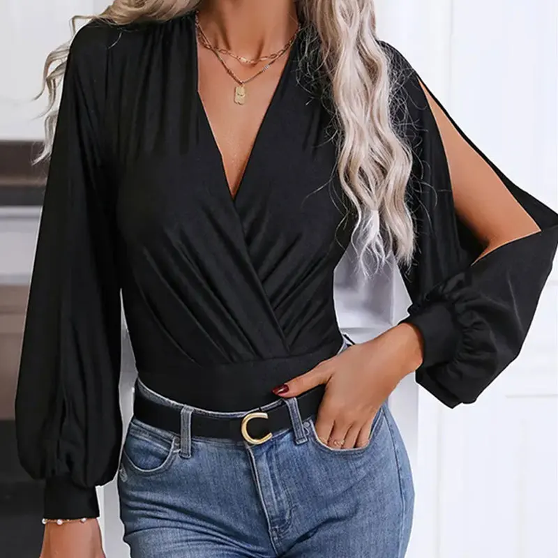 Knitted Elastic V-shaped Cross Pleated V-neck with Hollowed Out Cuffs Jumpsuit Long Sleeved Tight Fitting Inner Layer Women's