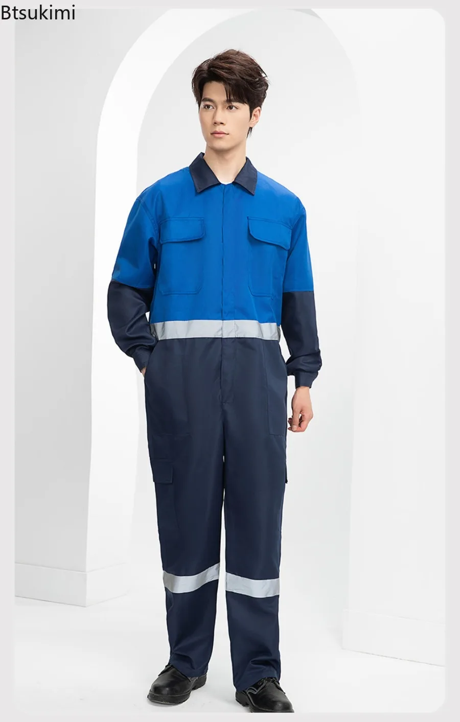 Men Working Workshop Overalls Jumpsuit Long Sleeve Multi-pocket Color Blocking Full-body Bodysuit for Cleaning Car Repair Outfit
