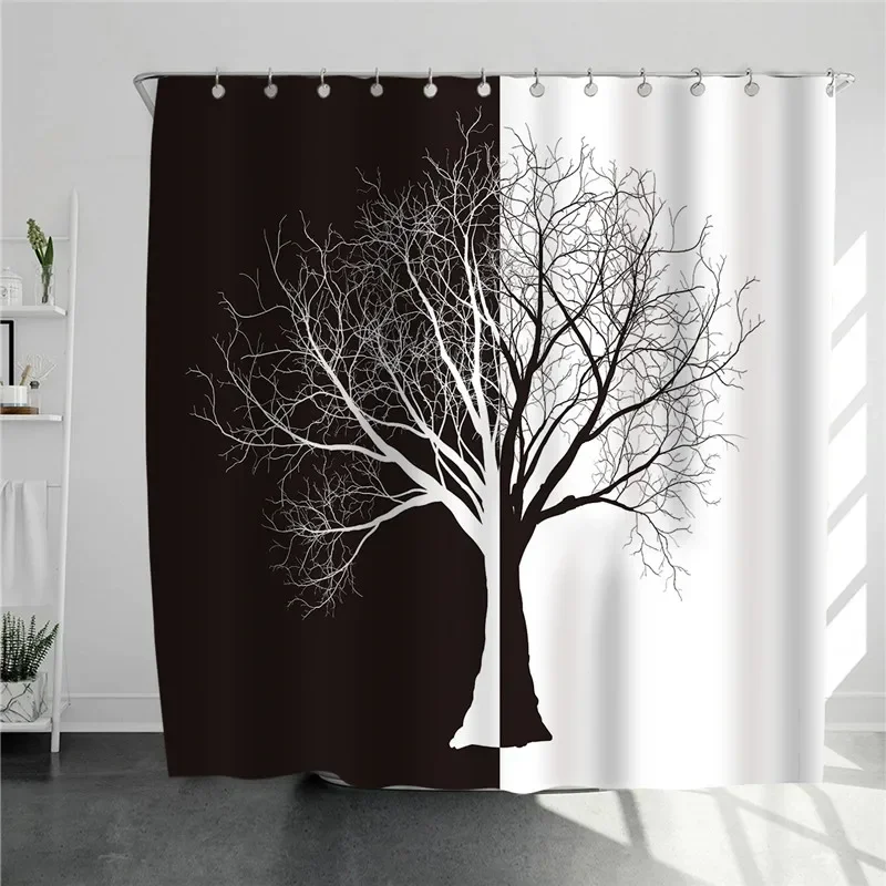 Nordic Style Bathroom Waterproof Curtains, Black and White Tree Shower Curtains with Hooks, Home Decoration, 3D Bath Curtain