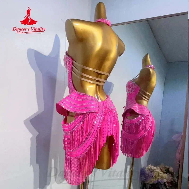 Vestido de baile latino personalizado para mujer, traje de actuación profesional, diamantes de imitación de lujo, Sexy, sin espalda, borla, Tango, Samba, Rumba