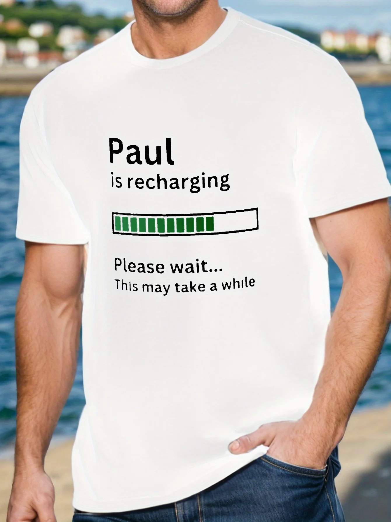 

[PAUL Men's Summer T-shirt] PAUL IS RECHARGING Print Men's Short Sleeve T-shirt Summer T-shirt Top