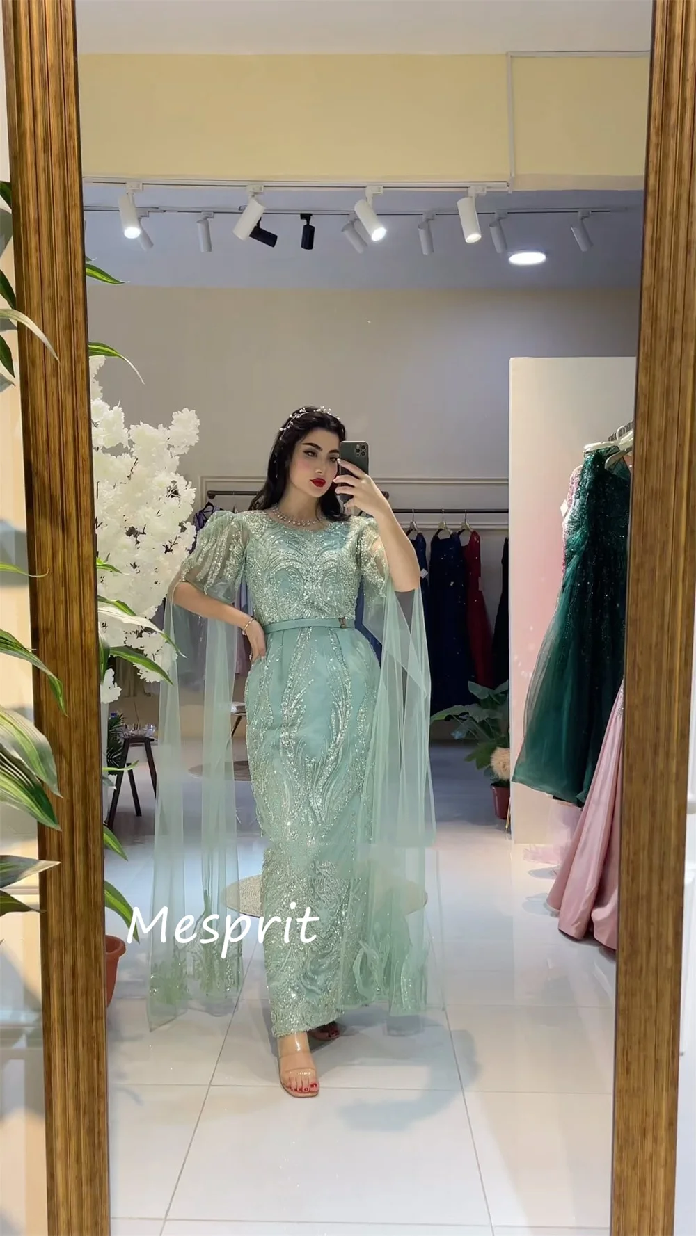 Customized Mesprit Sparkle Intricate Jewel A-line Formal Ocassion Gown Beading Paillette / Sequins Tulle Organza Evening Dresses