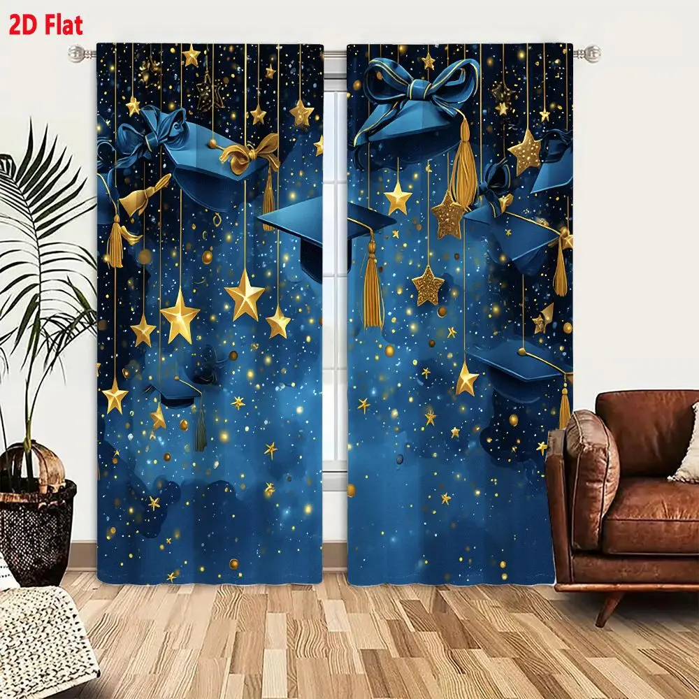 2Pcs Curtains Add 2D Flat Graduation Caps With Golden Tassels And Blue Ribbons Floating On Starry Night Background Window Drapes