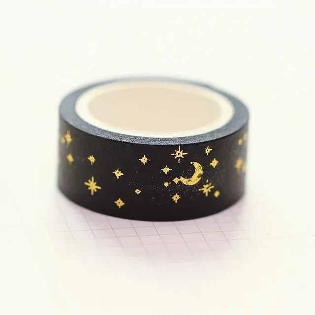 1 Pc / Pack Black Moon Stars Washi Paper Masking Tapes 1.5cm X 5m Diy Scrapbooking Heart Stickers Gift Wrapping Sticker