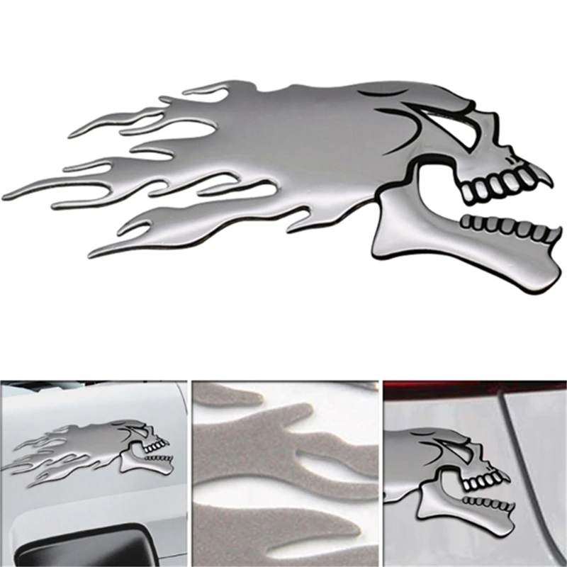 2Pcs/Pair 3D Chrome Ghost Skull Head Motorcycle Truck Helmet Tank Pad Stickers Flame skulls Decals For Haley Honda Yamaha