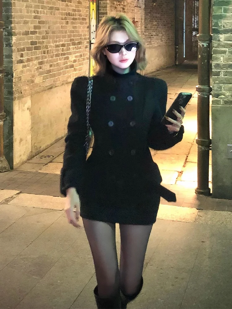 

Retro Black Woolen Coat Women's Autumn Winter Double Buttoned Short Skirt Two Piece Set Fashionable Slim Fit Warm Casual Wear