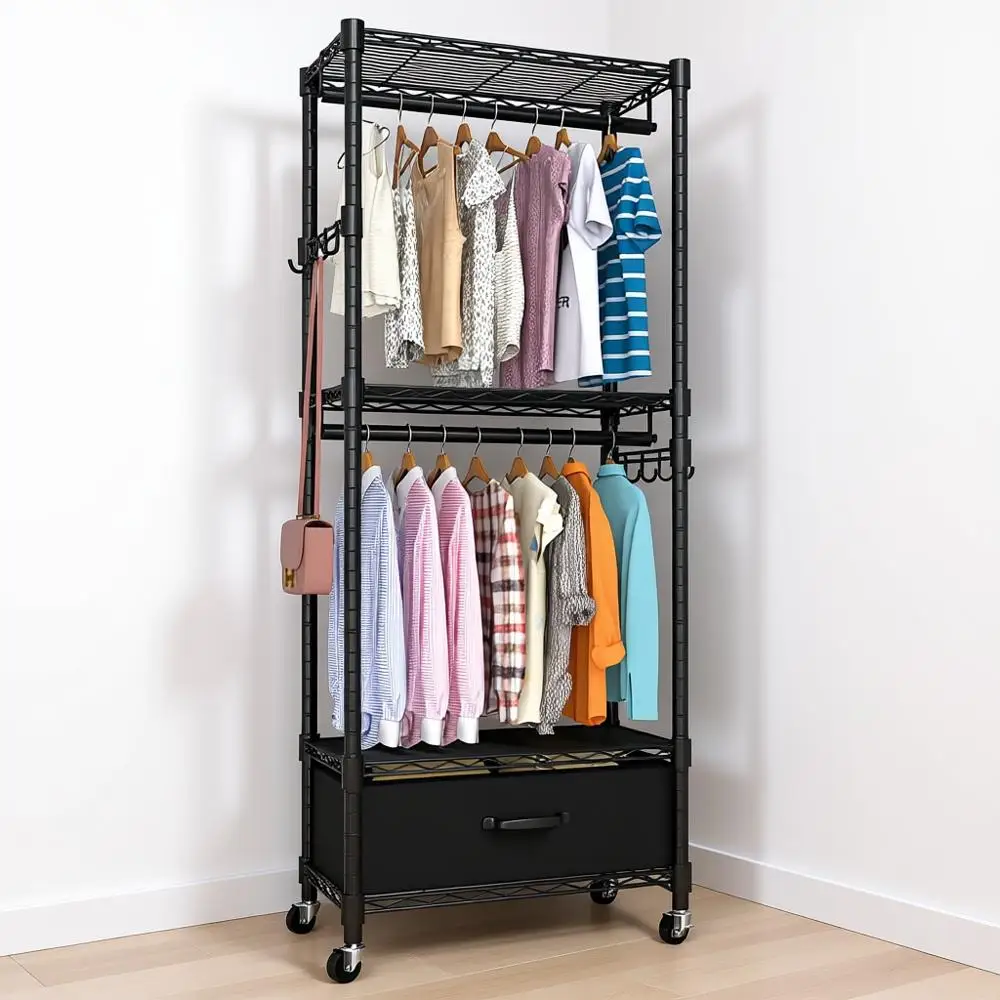 4 Tiers Adjustable Closet Organizer System with Der, Double Rods, Side Hooks, Load 445lbs, 23 L x 13.18 W x 78.74 H, Black