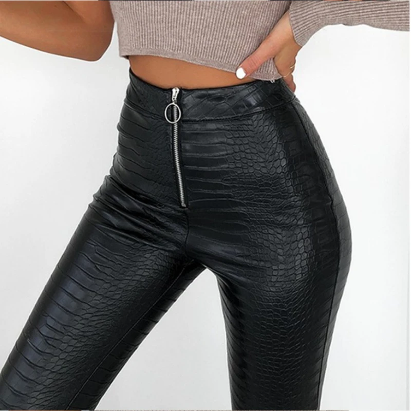 Autumn Winter Women High Waist Snake Skin Zipper Tights Stretch Soft Leggings Sexy Slim Pu Leather Pencil Pants Chic Female Pant