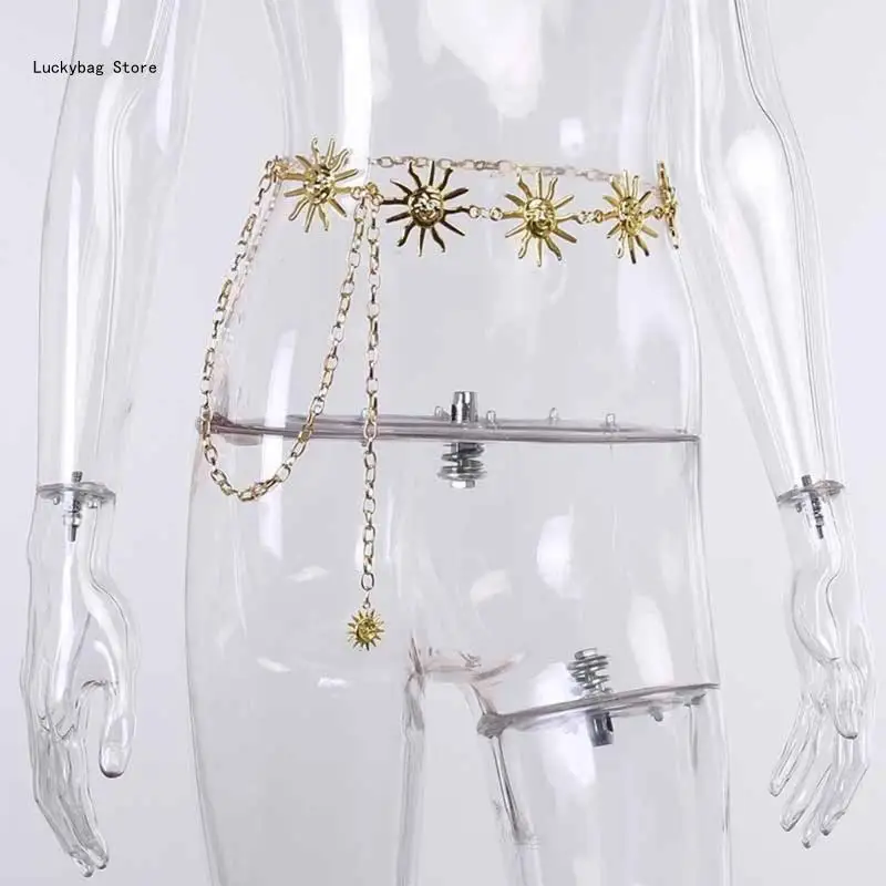 for Sun Punk Metal Belts Waist Chain High Waist Chains Golden Silver Long Tie Bandage Belts Waistband Pants Accessory