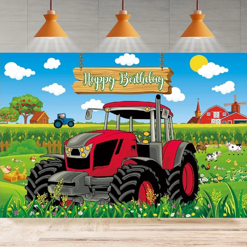 Photography Backdrop Cartoon Red Tractor Animal Farm Kids Boy Baby Shower Birthday Background Wall Home Party Decor Banner