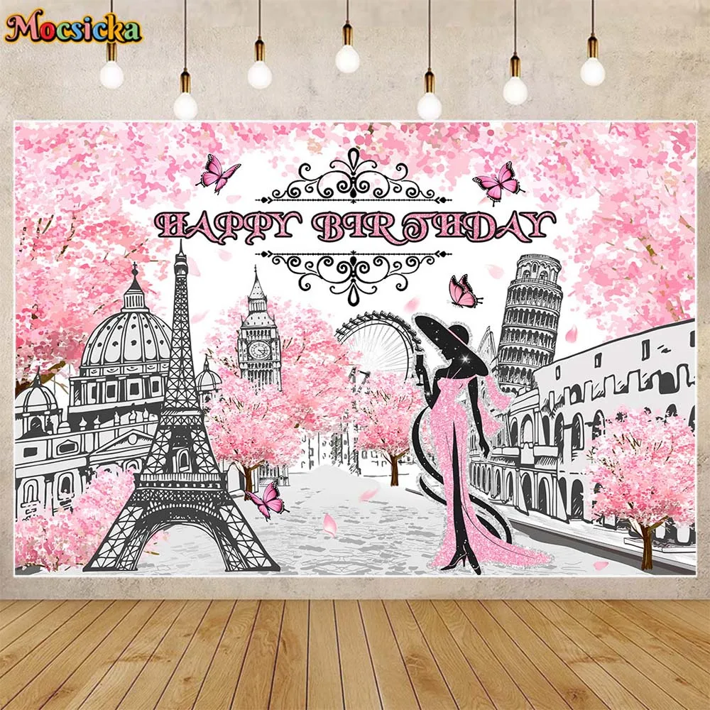 

Mocsicka Happy Birthday Background Eiffel Tower Cherry Tree Sparkling Woman Birthday Party Backdrop Decor Banner Photocall Props