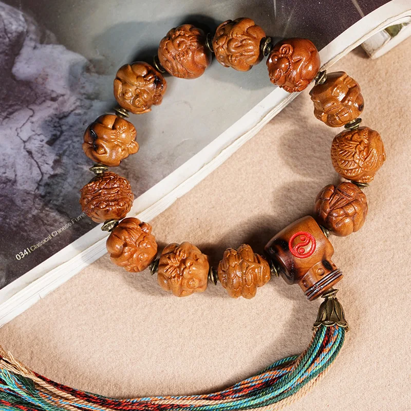 Chinese Style Thunder Struck Jujube Wood Carved 12 Chinese Zodiac Walnut Shape Prayer Beads Bracelet Lucky Blessing Wealth Attra