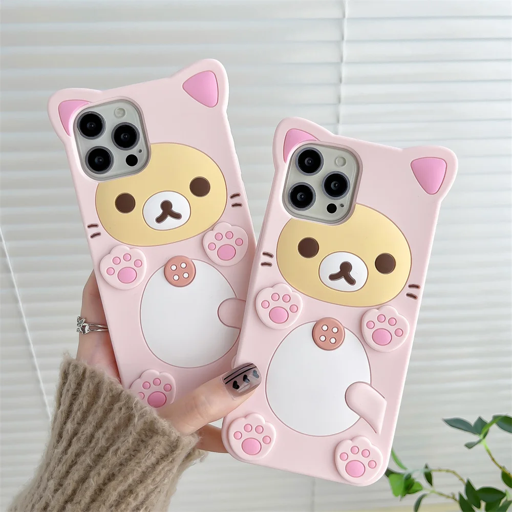 Cute Rilakkuma Bear For iPhone 16 15 14 13 12 Mini 11 Pro Max Xs XR 6 7 8 Plus SE Kawaii Cat Silicone Soft Cover Case