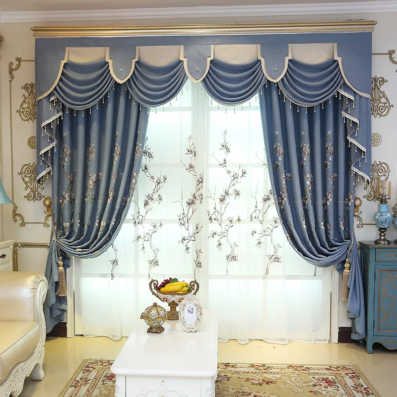 Indigo Peony High-end Luxury European Style Curtains Blackout Embroidered Curtain for Living Dining Room Bedroom Head Villa Home