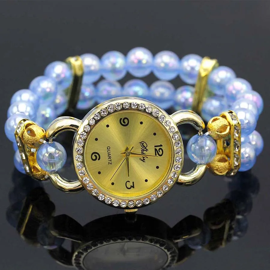 Shsby New Women\'s Rhinestone Quartz Analog Bracelet Wrist Watch Lady Dress Watches With Colorful Pearls