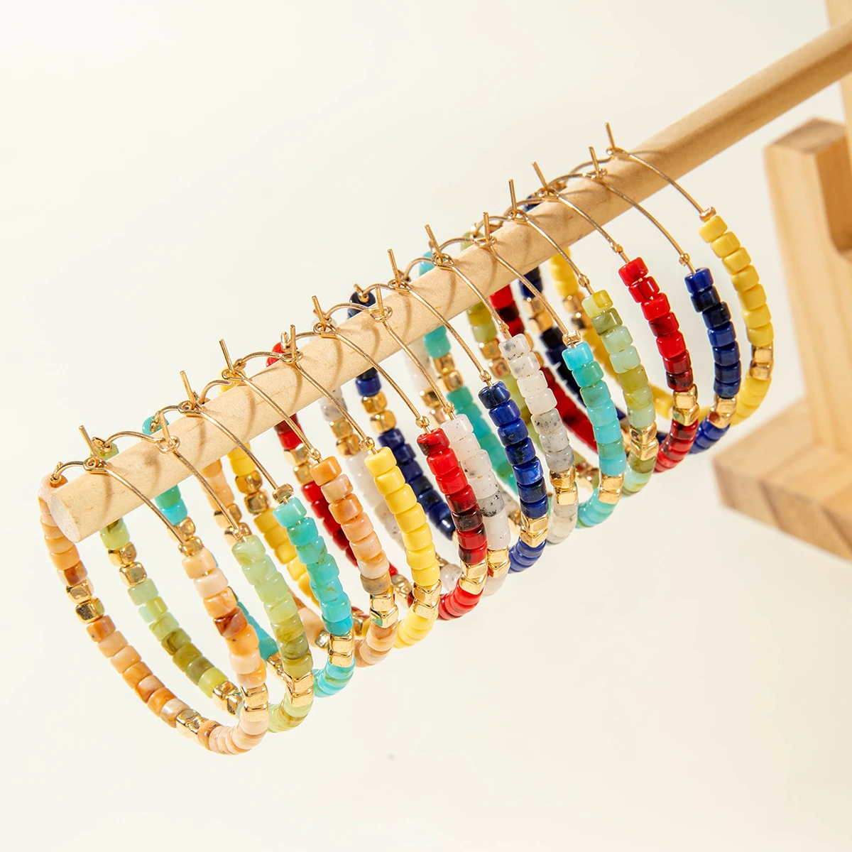 Tocona New Bohemian Handmade Colorful Rice Bead Hoop Earrings for Women Daily Acrylic Hoop Earrings Party Birthday Gifts