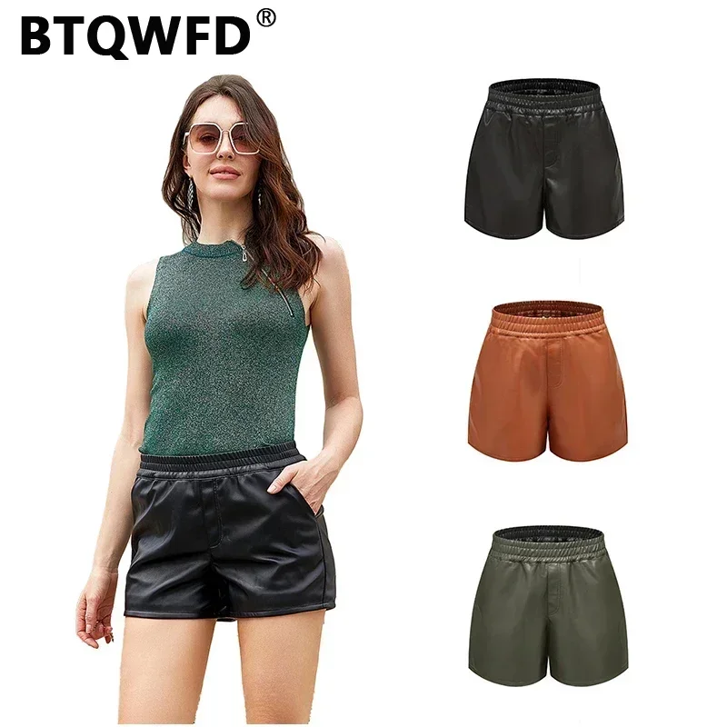 BTQWFD Women\'s Clothing Summer Sexy Party Fashion PU Leather Shorts Pants for Girls Ladies Female Beach Outfits Solid 2024 New