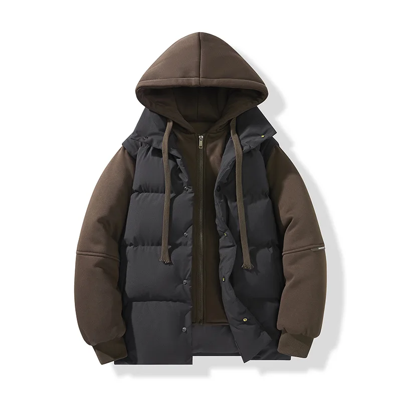 Winter Men Jacket New Thicken Warm Patchwork Hooded Male Outerwear Long Sleeve Zipper Loose Casual Man Fake Two-piece Down Coat