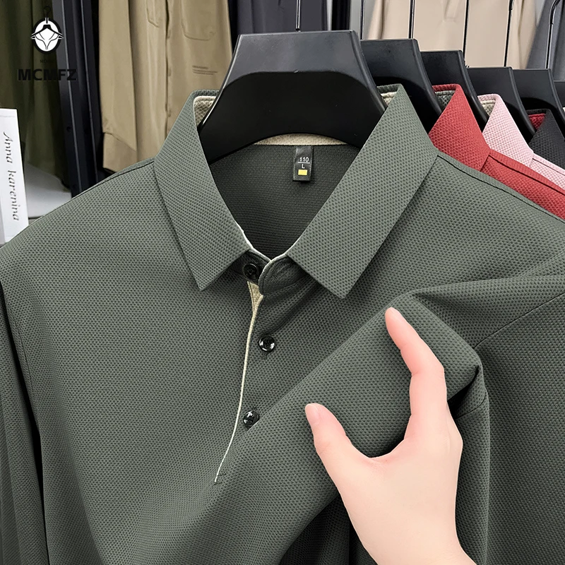 Male Daily Wear Lapel Polo Long Sleeve Fine Textured Fabric Simple Solid Style Suitable For Multiple Scenarios