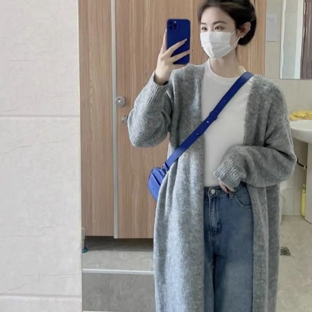 

Women's Knitted Cardigan High-End Autumn Winter Outerwear Mid-Length Sweater Jacket Loose Fit Casual Style