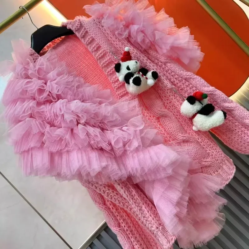 2024 Autumn And Winter New Pink Knitwear Single-breasted Cardigan Cartoon Fungus Edge Yarn Sweater Jacket Sweet Knitted Jacket