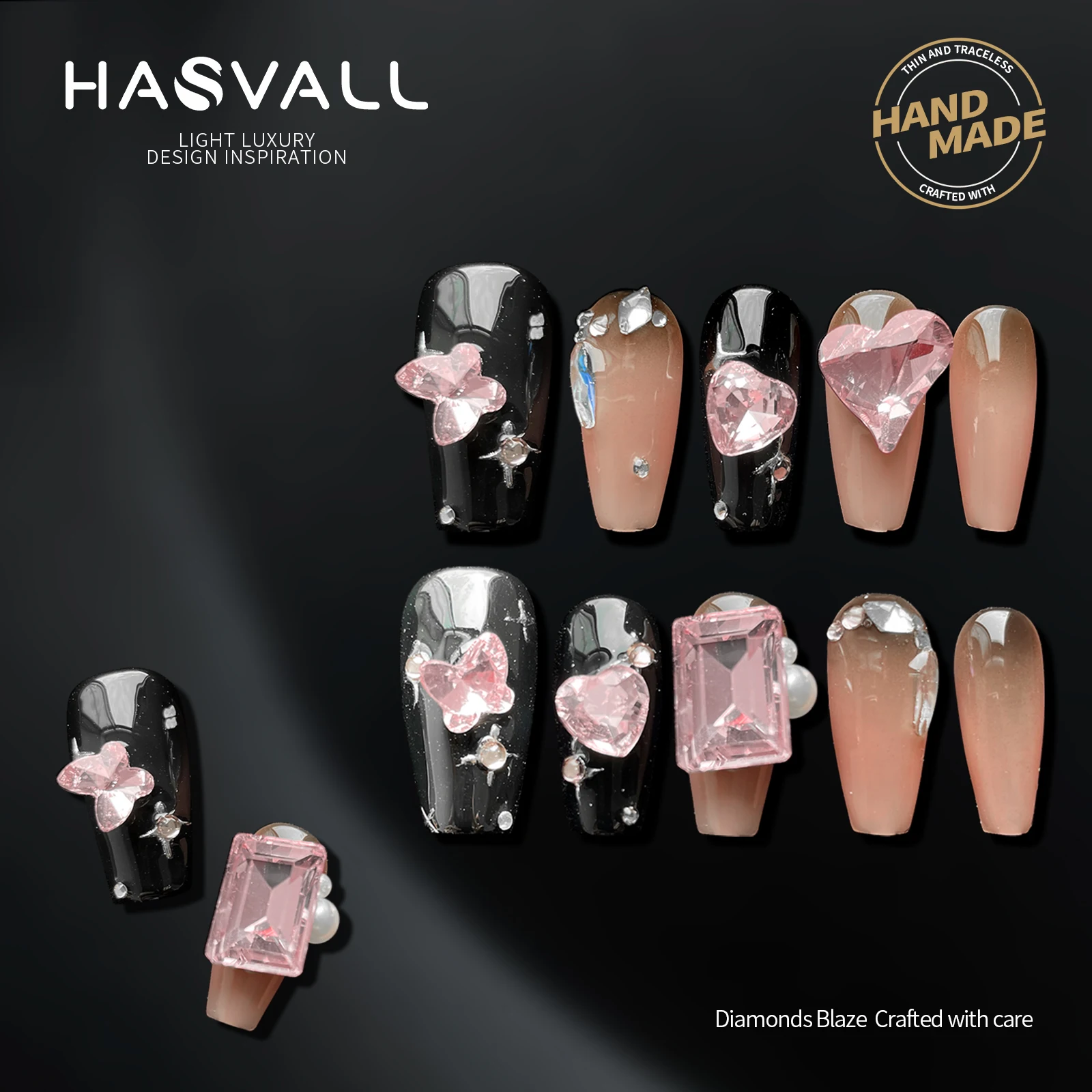 

HASVALL Nails Handmade Press-on Medium Coffin Pink Black Heart Y2K 3D Glitter Design False Nail Tips Stick on Nails for Women