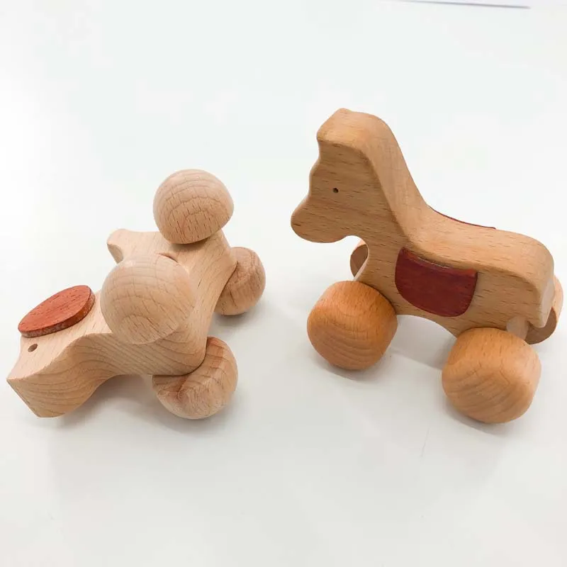 1Pcs Animal Shaped Car Puppy Pony Wooden Pushcart  Wooden Handmade Trolley Montessori Hand-brain Coordination Toys Baby Gift