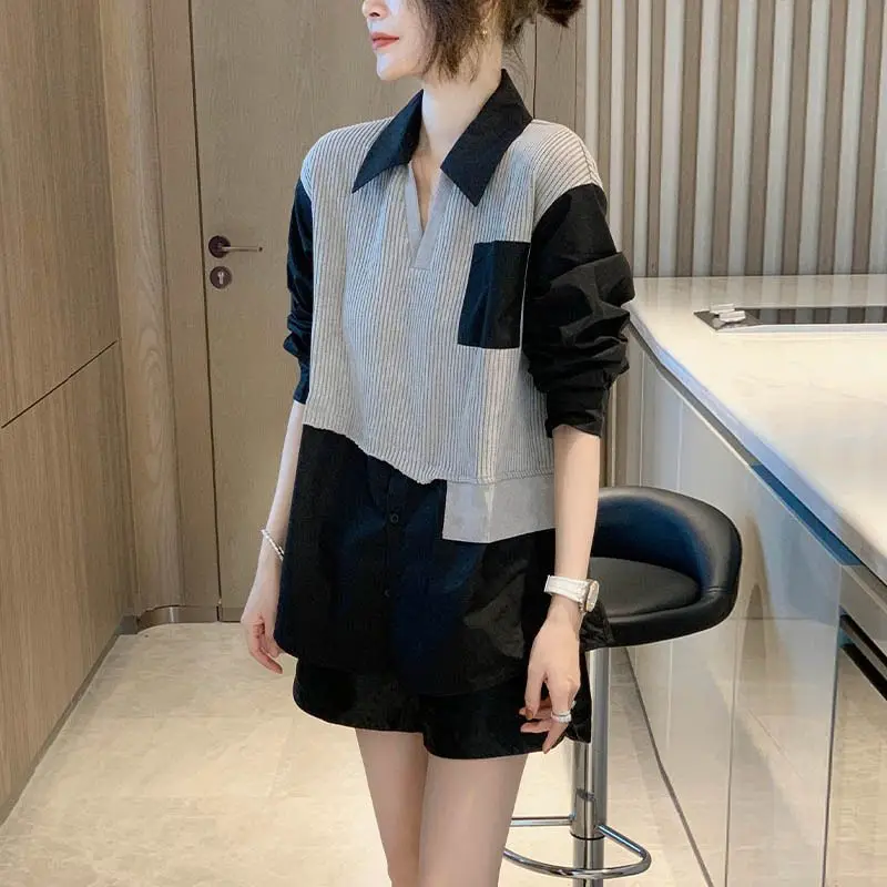 High Street Spring Autumn Stylish Spliced Blouse Fake Two Pieces Female Clothing Striped Turn-down Collar Casual Button Shirt