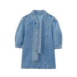 Maxdutti Summer French Denim Shirt Fashion Ladies Elegant Blue Bow Short Sleeve Casual Denim Tops Women