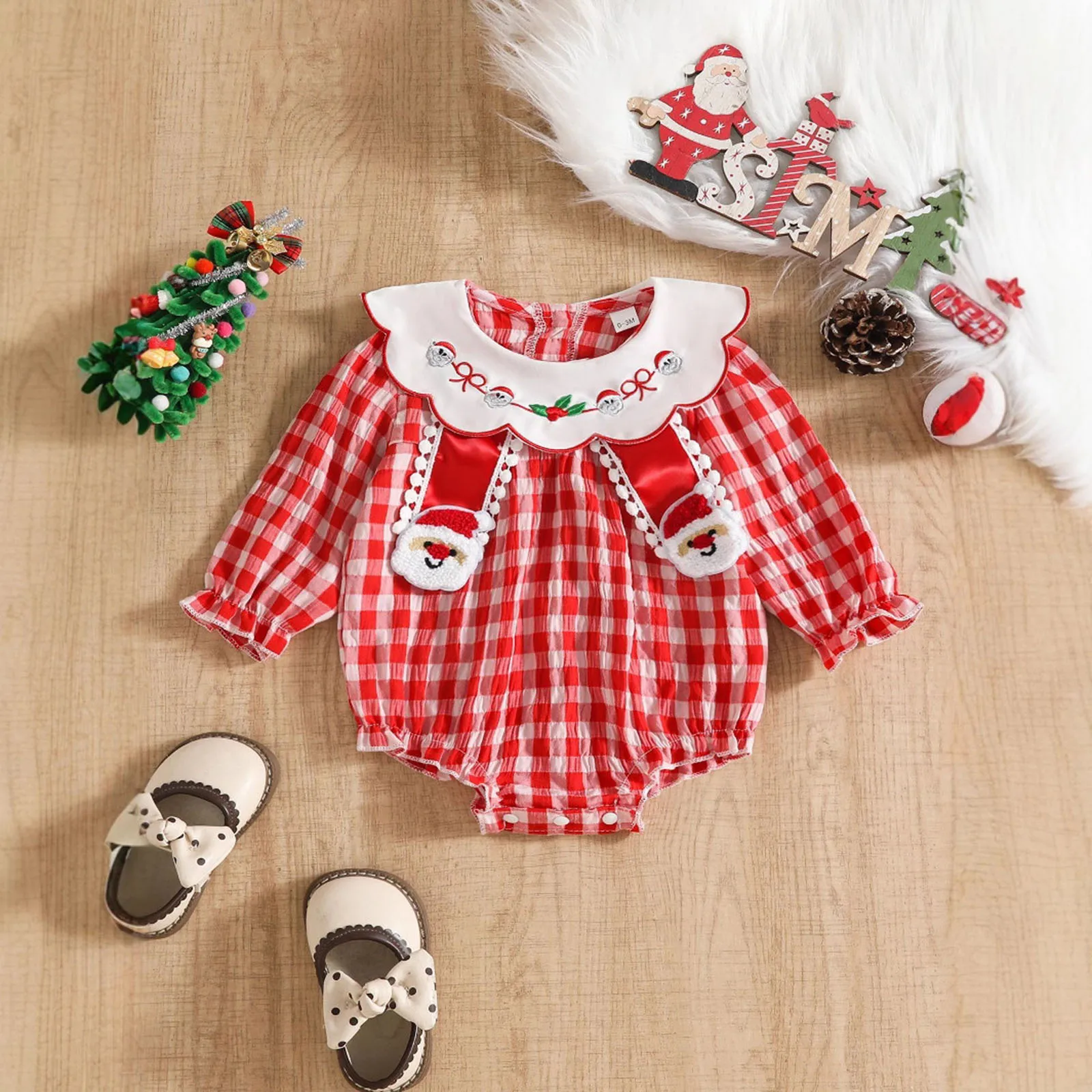 

Baby Girls Christmas Romper Red Gingham Doll Collar Long Sleeve Santa Claus Embroidered Bodysuit Toddler Girls Crawling Clothes