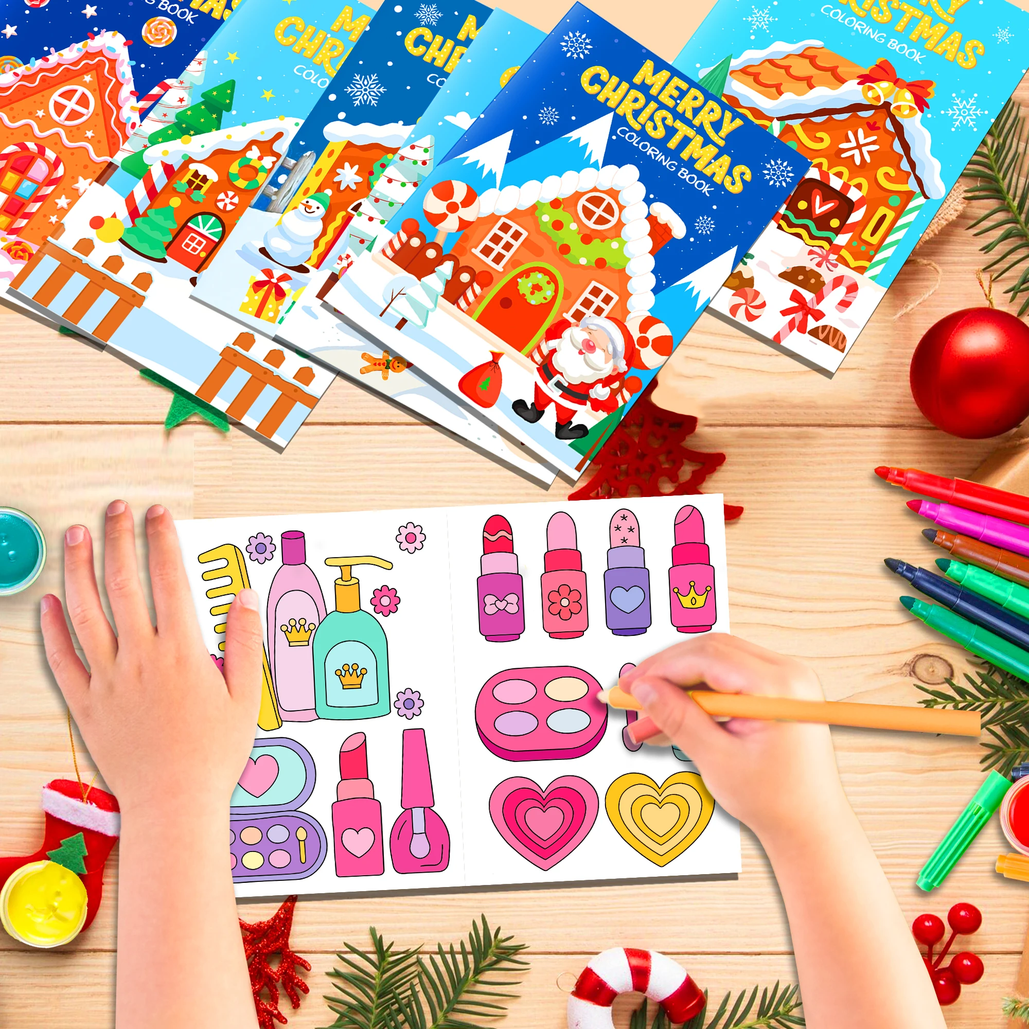 6/12/24Pcs Mini Christmas Coloring Books Gingerbread House Santa Pattern Drawing Book Xmas Holiday Goody Bag Fillers Decorations