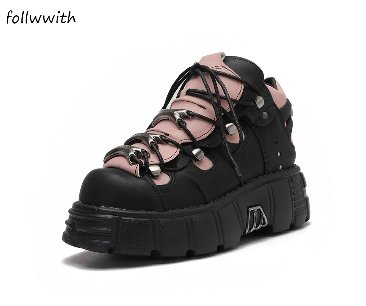 รองเท้าลำลองหัวเข็มขัดโลหะสีชมพูผสมสีรองเท้าส้นตึกหัวมนขนาด5ซม. รองเท้าแฟชั่นใหม่ล่าสุดสำหรับ2024ฤดูใบไม้ผลิและใบไม้ร่วง