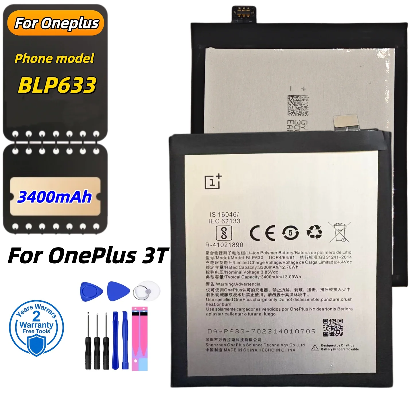 100%  New Original High Quality 3400mAh BLP633 For Oneplus 3T A3010 A3003 Retail Package Cell Phone Battery+Free Tools