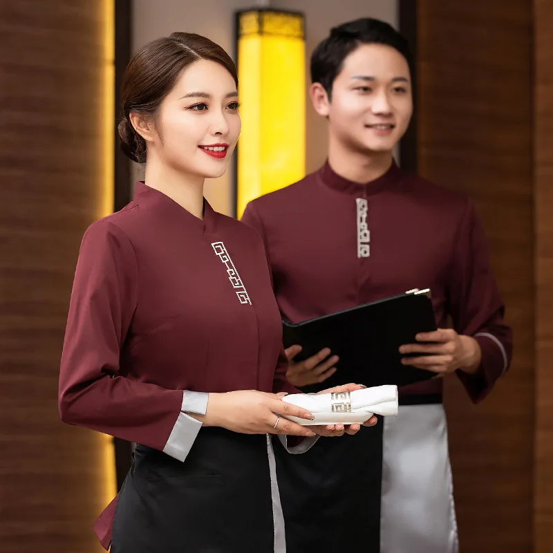 

Hot Pot Restaurant Waiter Workwear Long Sleeve Chinese Style Restaurant and Tea House Workwear Catering Restaurant Autumn and Wi